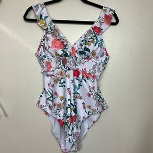 SHEKINI Tropical Floral Ruffle Deep V-Neck One Piece Shirred Swimsuit
